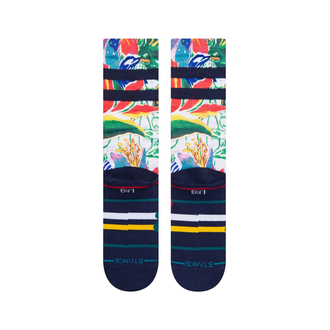 Back view of the tropical floral crew socks showing the leafy print and navy heel