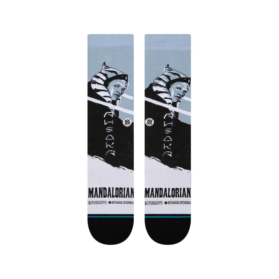Front view of Ahsoka socks showing the inked portrait, vertical Ahsoka text, and Mandalorian lettering