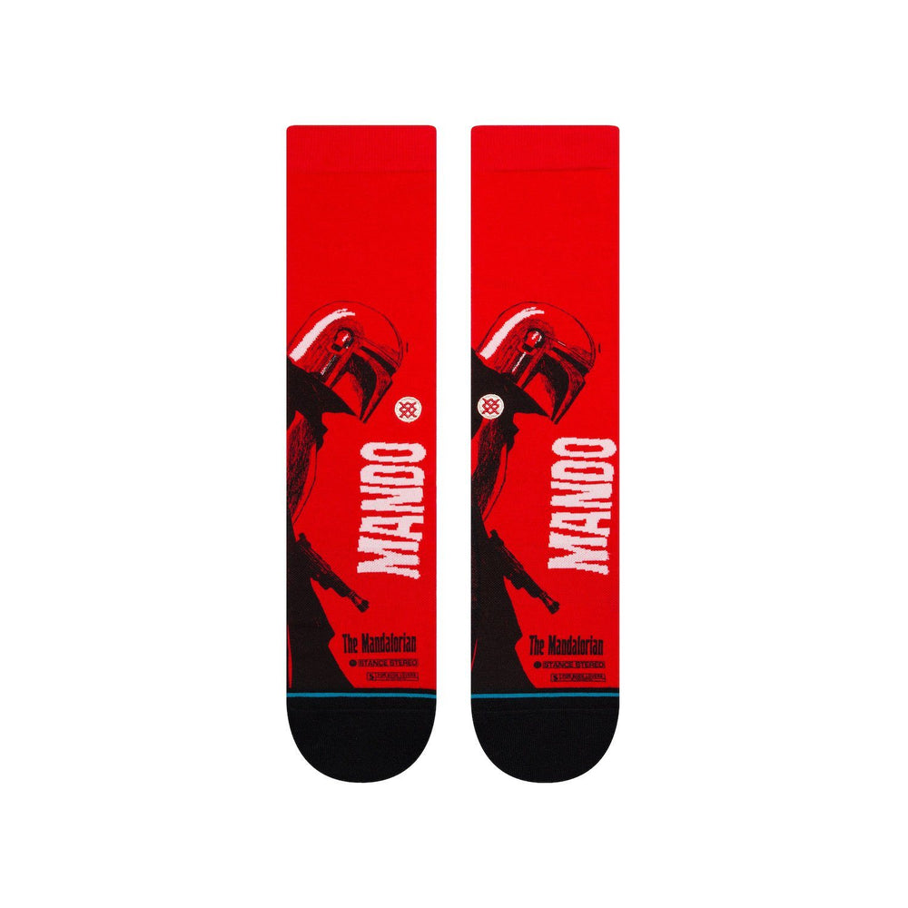 Front view of red Mando socks showing the helmet silhouette, blaster, and The Mandalorian tag