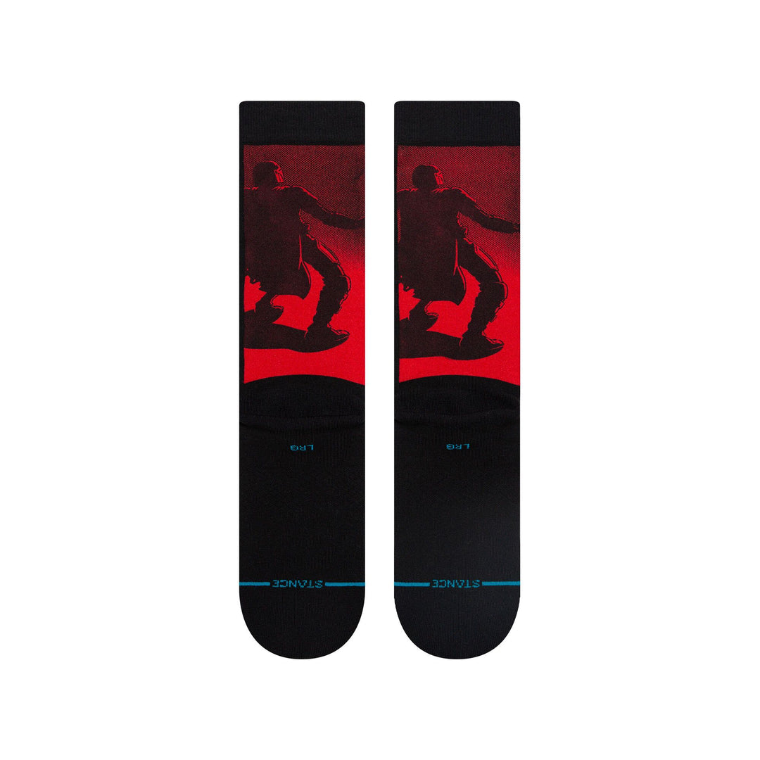 Back flat view of the Manga Mudhorn crew socks showing the red figure silhouette on black