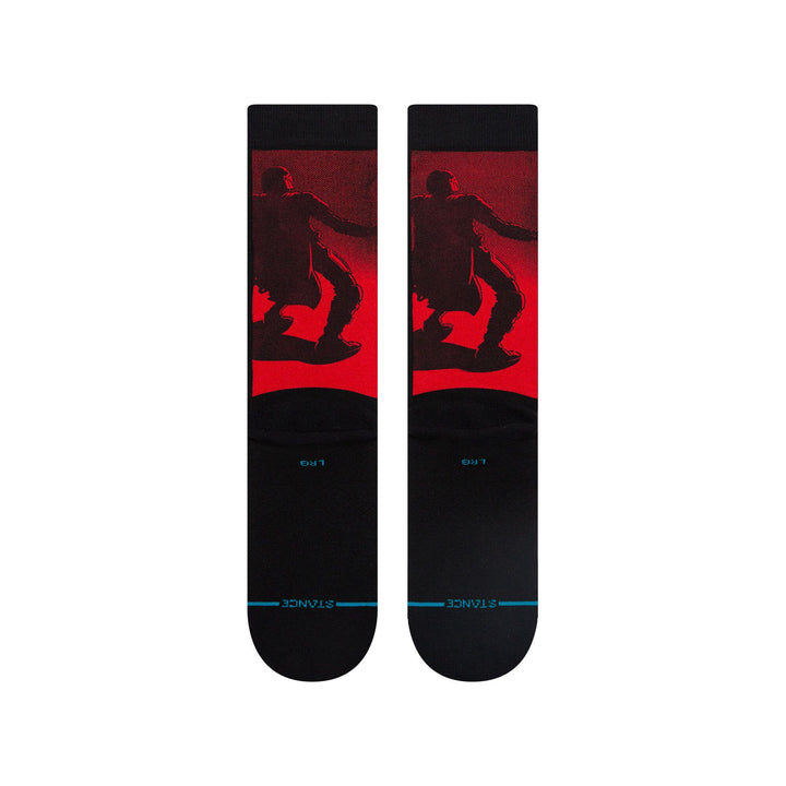 Back flat view of the Manga Mudhorn crew socks showing the red figure silhouette on black