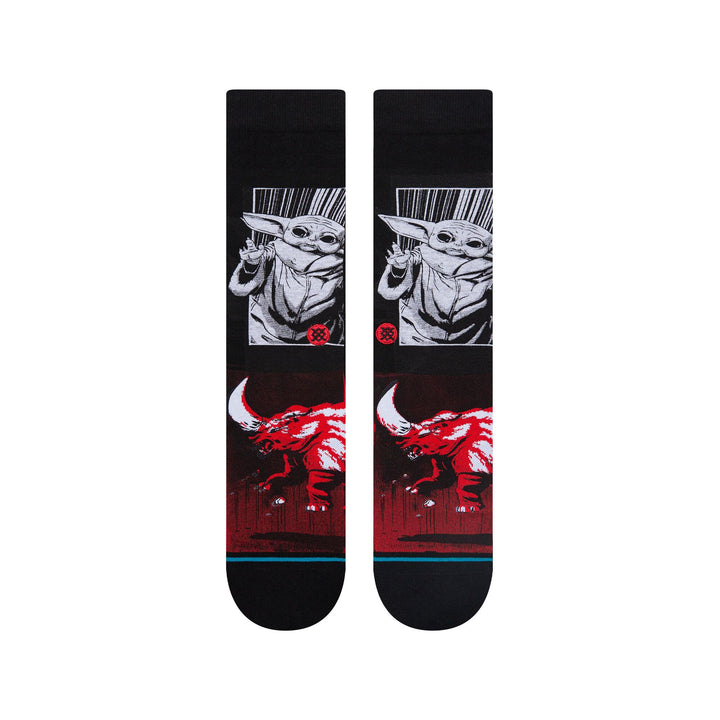 Front flat view of the Manga Mudhorn crew socks showing Grogu up top and the red Mudhorn charging below
