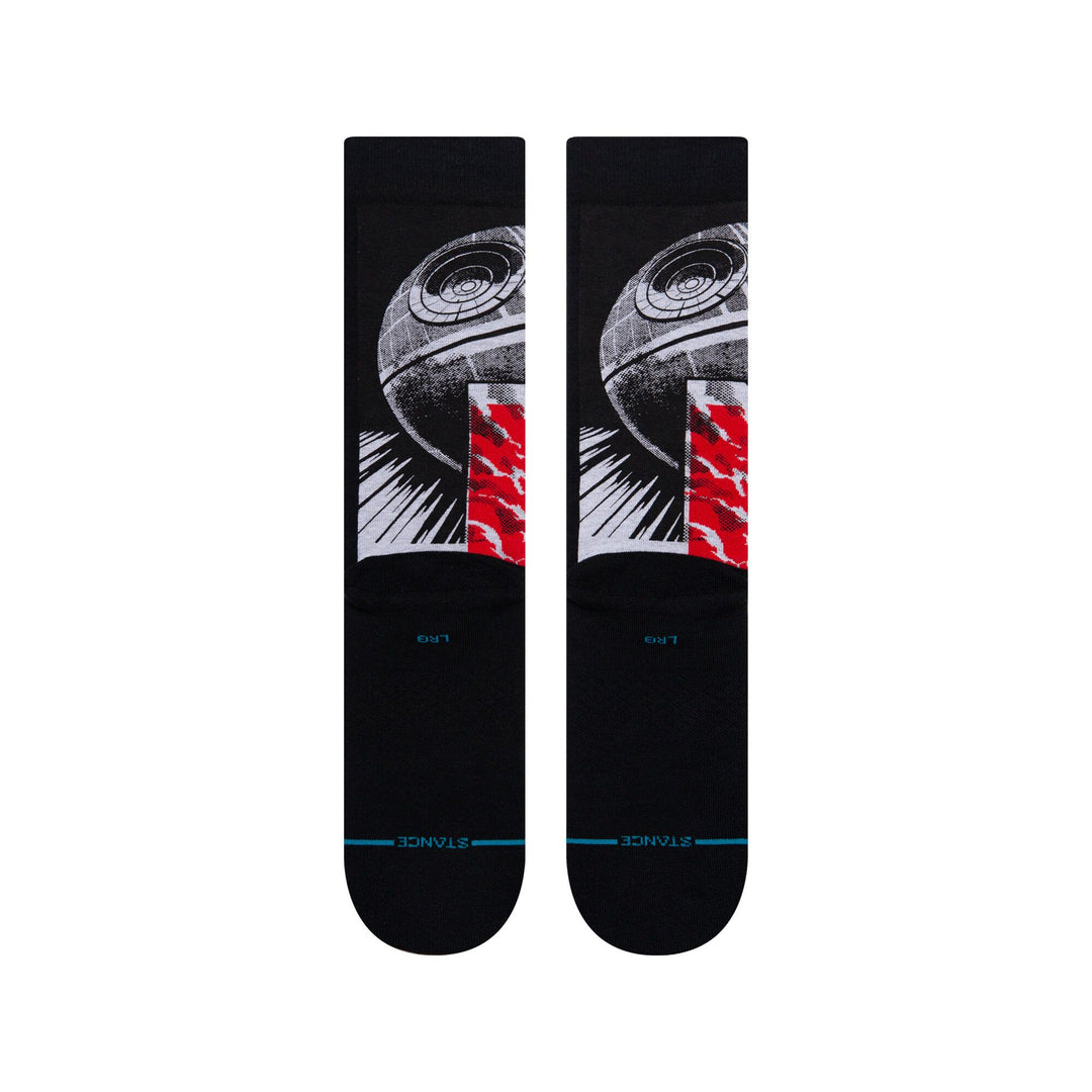Back flat view of the Manga Vader crew socks showing the Death Star with red accents at the ankle