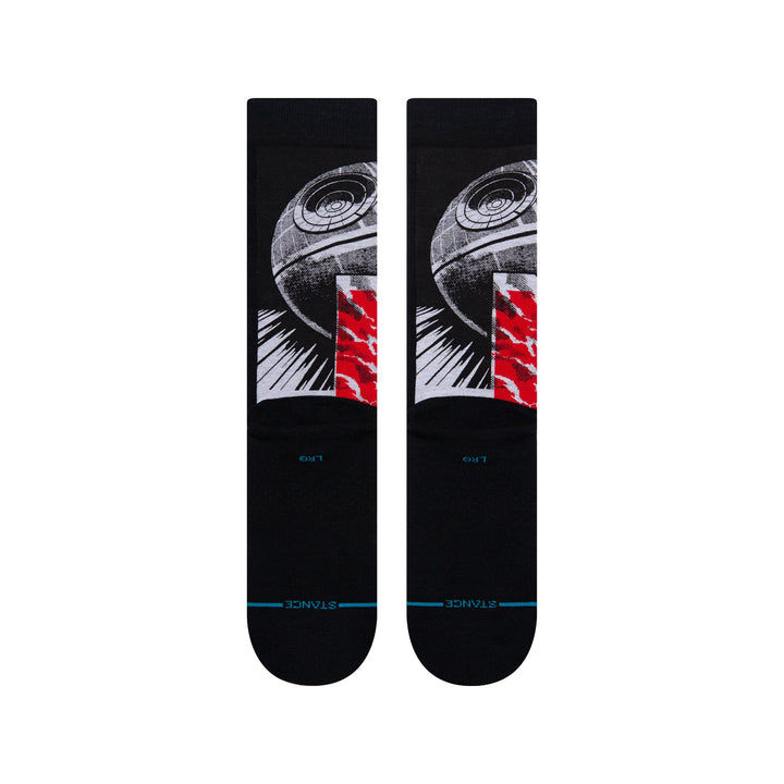 Back flat view of the Manga Vader crew socks showing the Death Star with red accents at the ankle