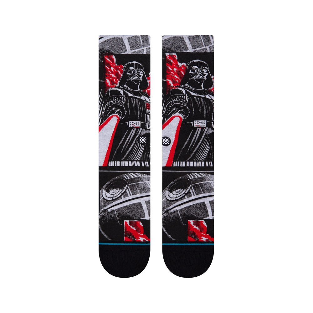 Front flat view of the Manga Vader crew socks showing Darth Vader and the Death Star in grey and red