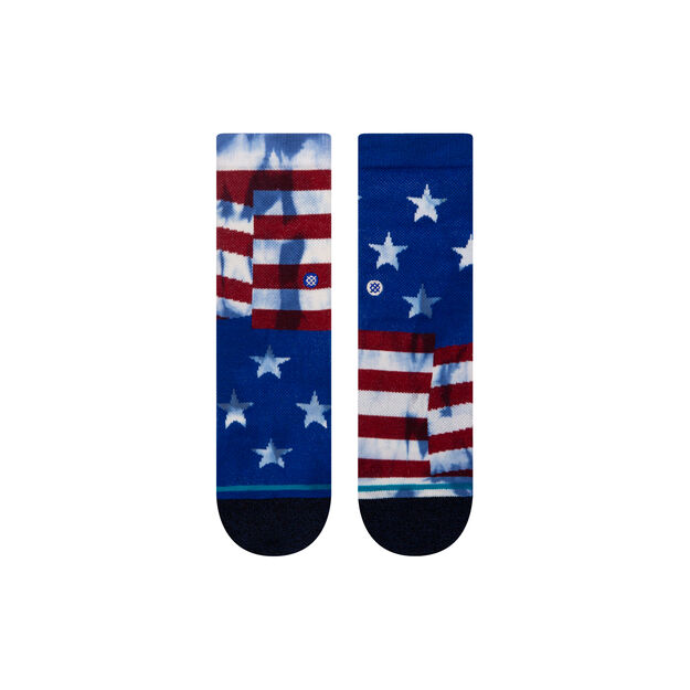 Flat-laid pair of the kids' flag crew socks showing the front and back, with stars on one side and stripes on the other