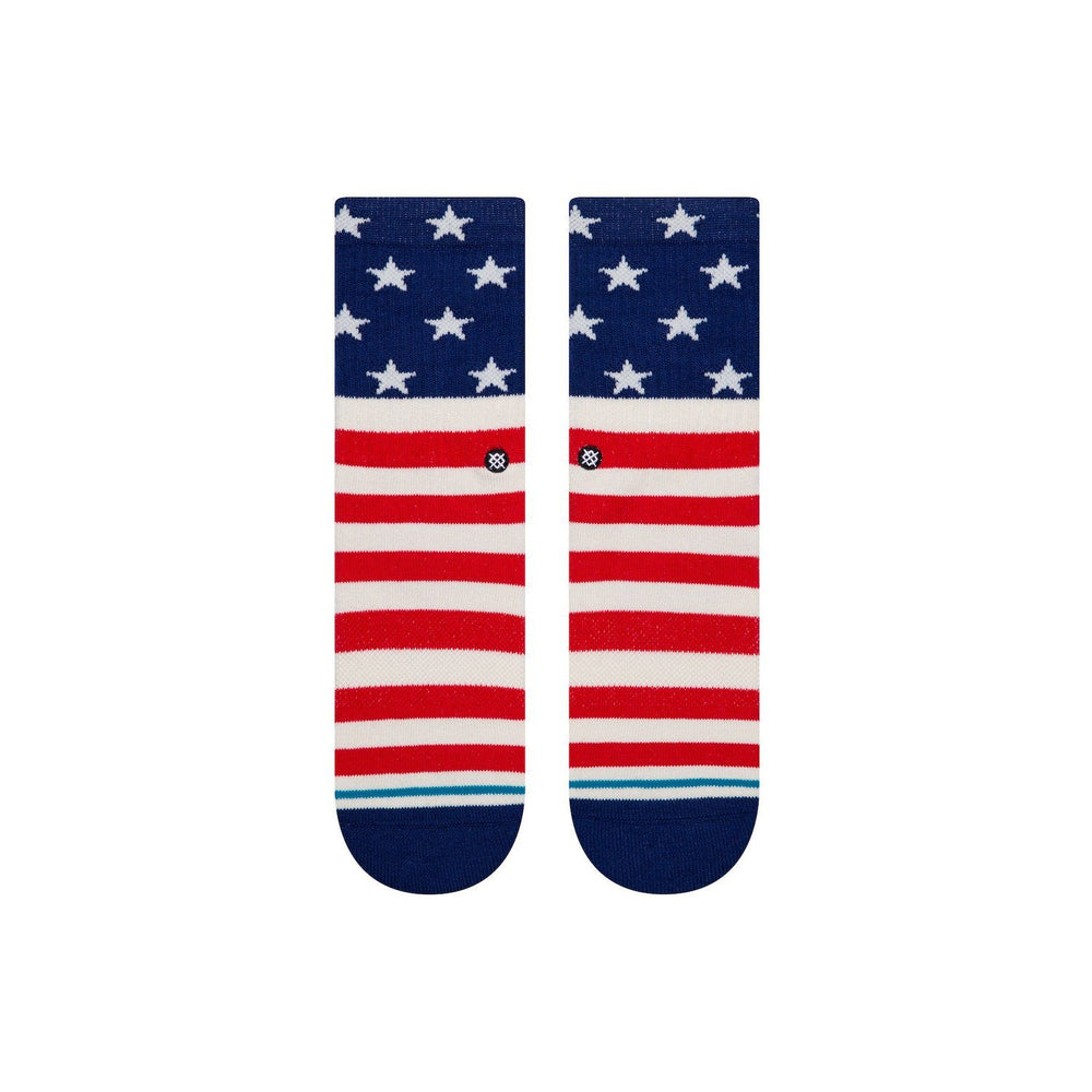 Top view of kids' flag socks showing the star field, red stripes, and rounded blue toe