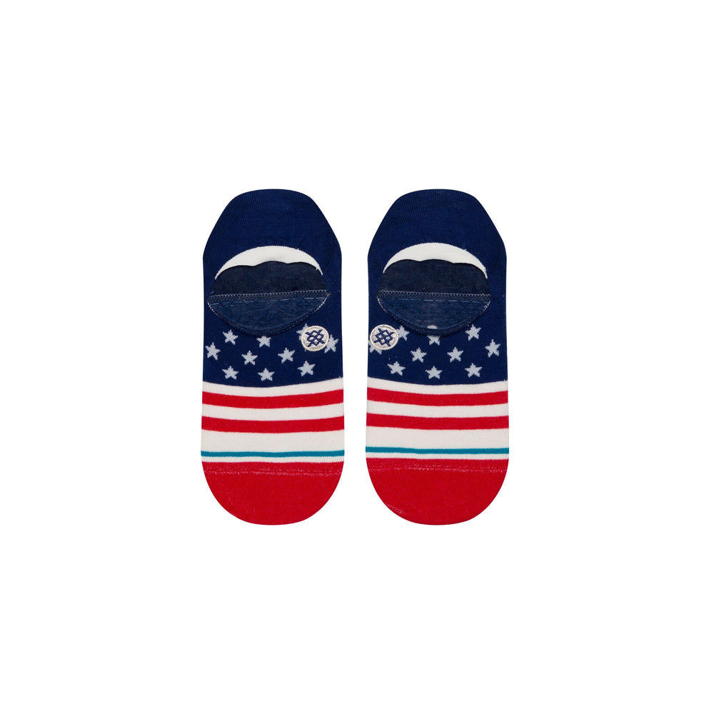 Top-down view of the same stars-and-stripes no show socks showing the low-cut heel opening
