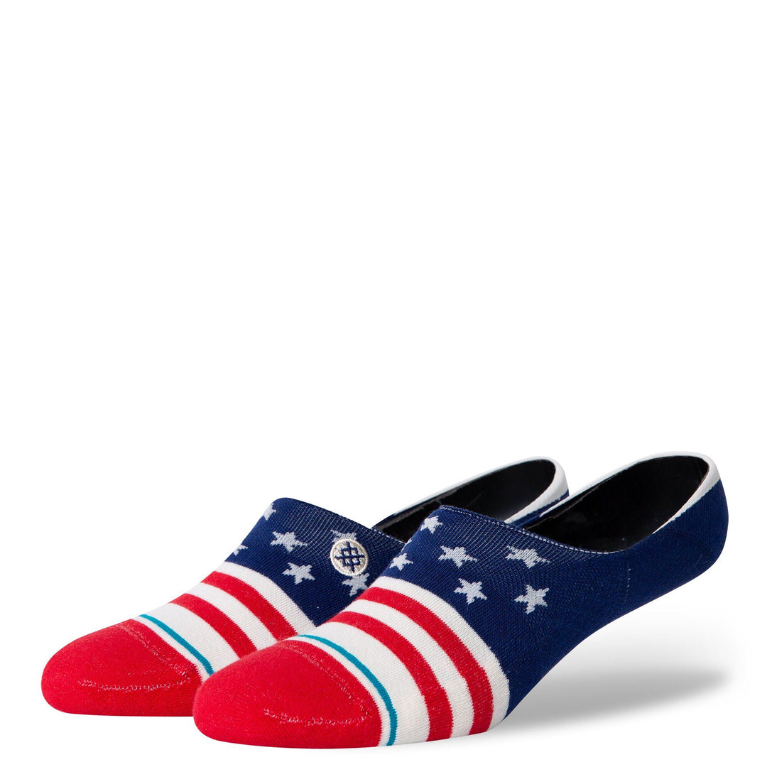 Pair of women's navy no show socks with white stars, red-and-white stripes and a red toe, shown from above