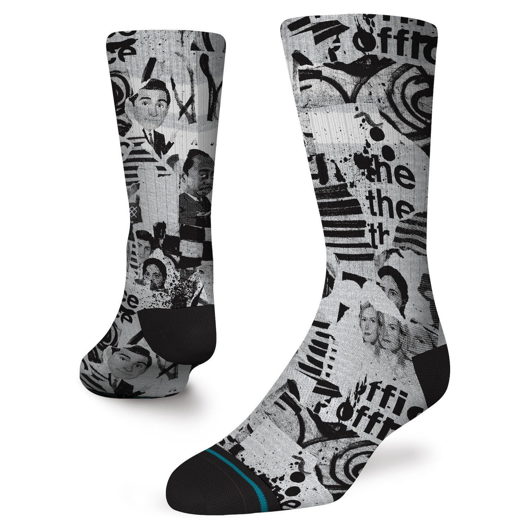 Men's The Office crew socks in gray with all-over black-and-white character collage and ink-splatter print