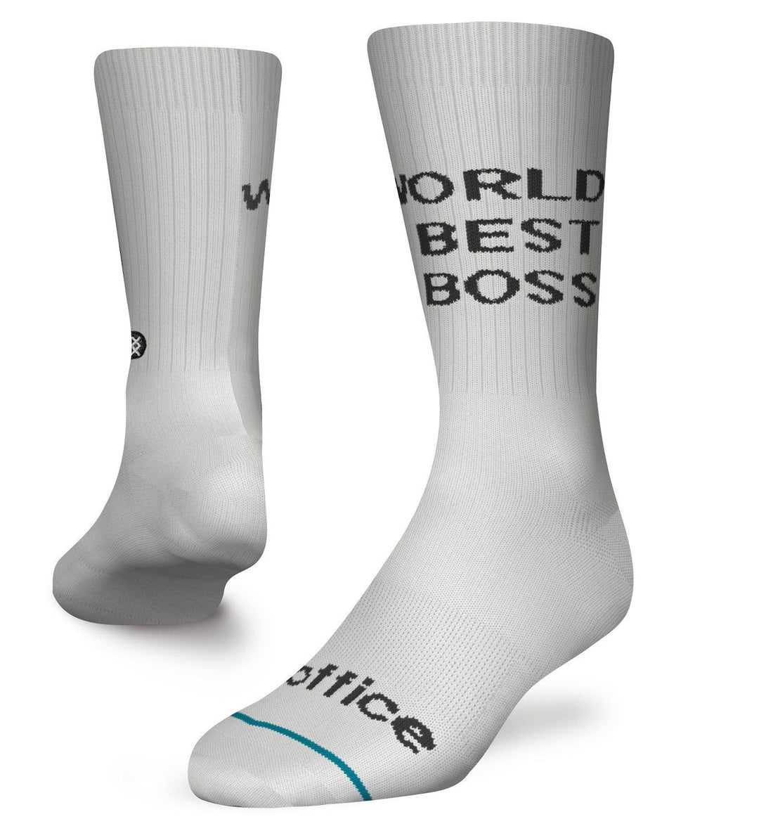 Men's white The Office crew socks on a foot form with black "World's Best Boss" lettering up the leg