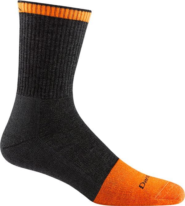 Men's charcoal micro crew work sock with orange toe and cuff stripe, flat side view