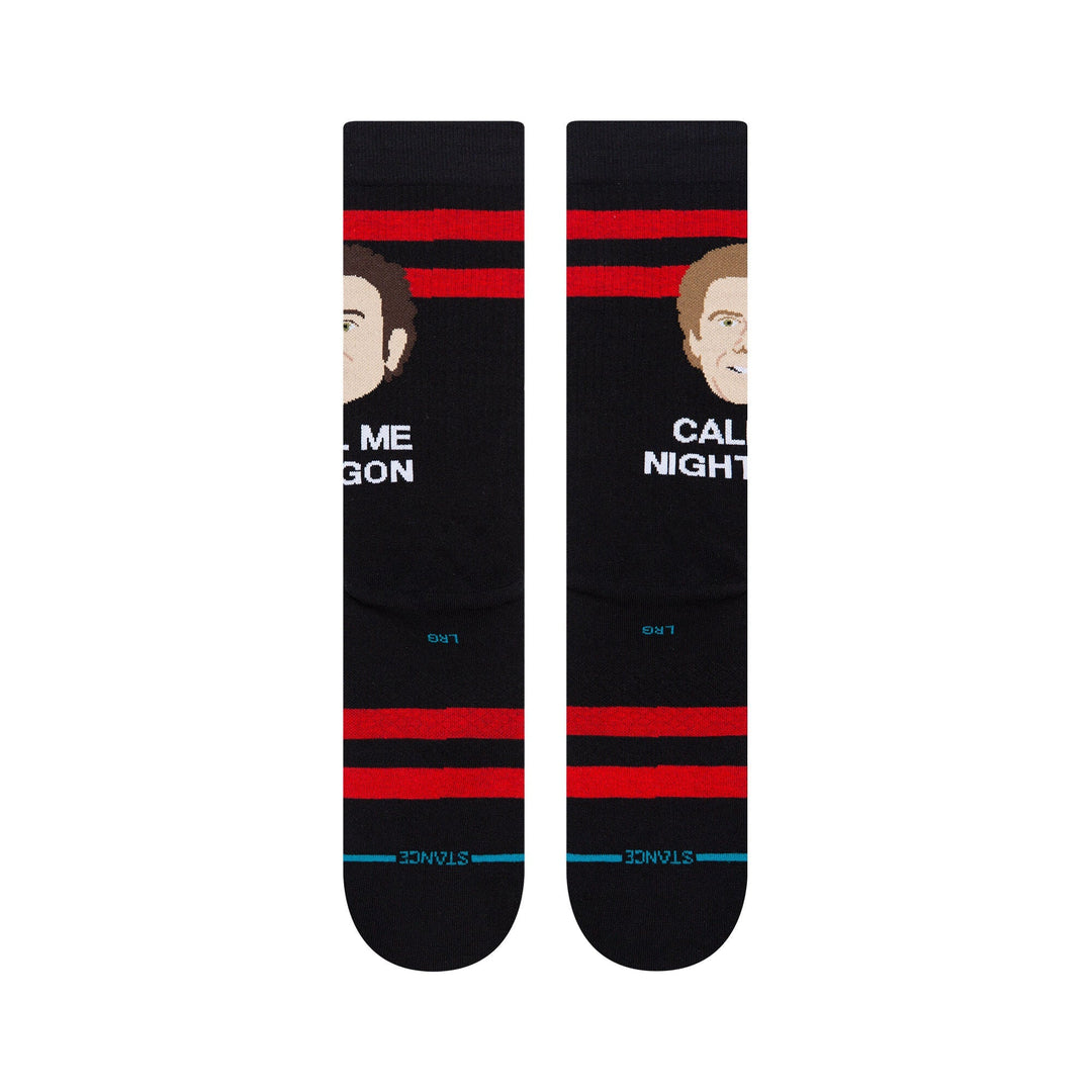 Flat-lay back view of the Step Brothers crew socks showing CALL ME NIGHTHAWK and DRAGON text with red stripes and Stance label