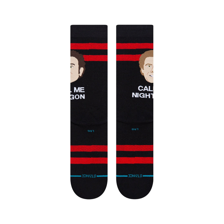 Flat-lay back view of the Step Brothers crew socks showing CALL ME NIGHTHAWK and DRAGON text with red stripes and Stance label