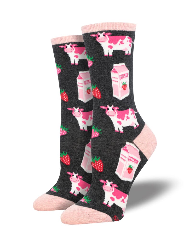 Women's strawberry milk crew socks in grey with pink cows, milk cartons and strawberries, flat product shot
