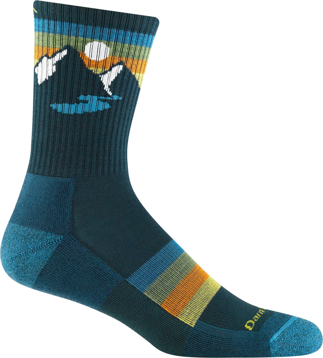 Men's teal micro crew hiking sock with mountain and sunset stripe design, flat side view