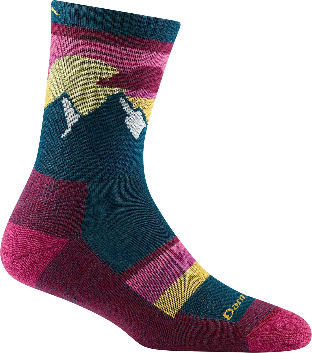 Women's Sunset Ledge lightweight micro crew sock in teal with mountain and sunset design, single sock product shot