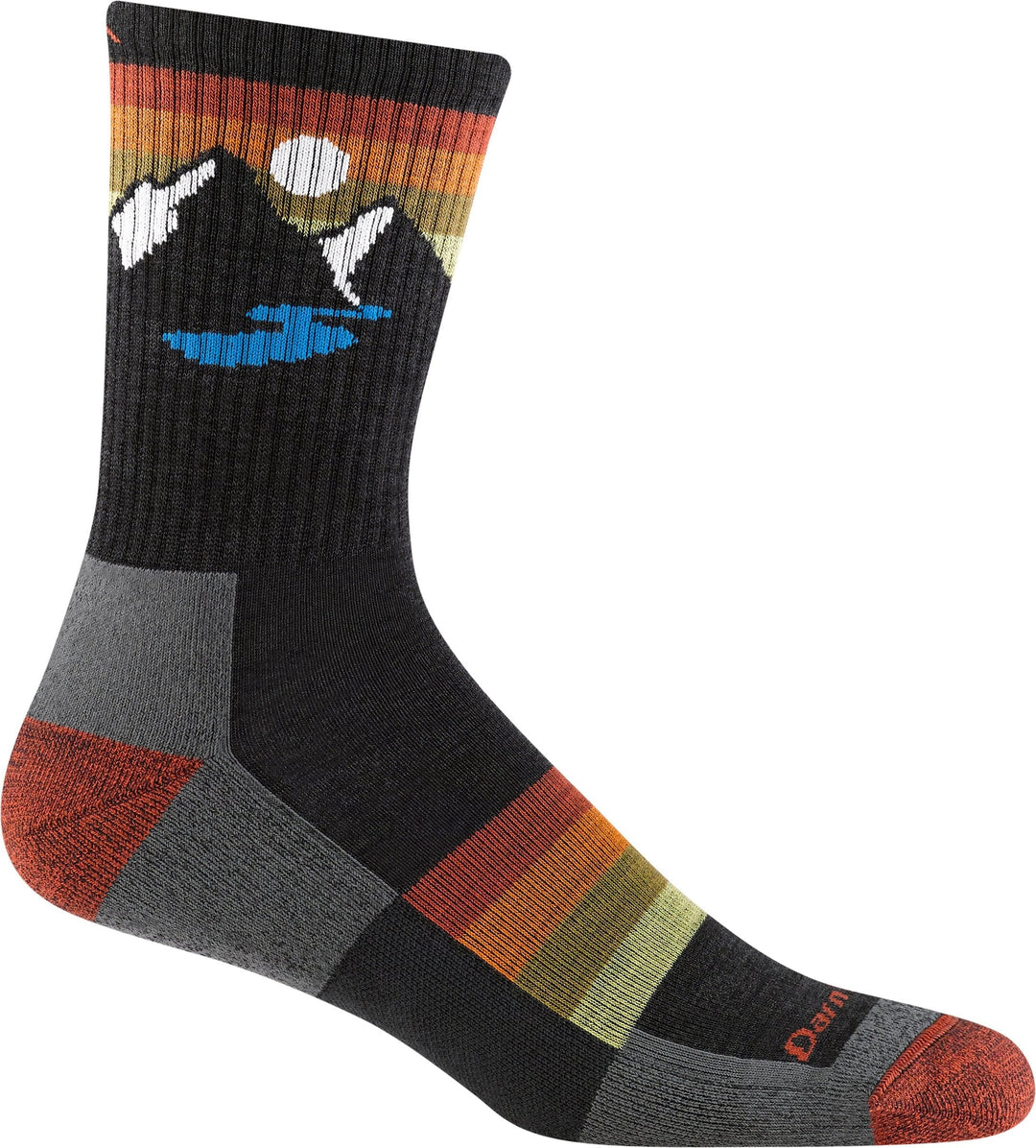 Men's black micro crew hiking sock with mountain and sunset stripe design, flat side view