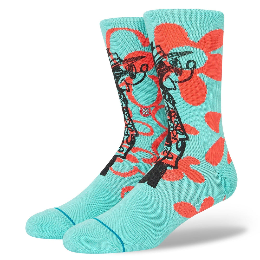 Turquoise men's crew socks featuring a hand-drawn beach character and coral flowers, front view