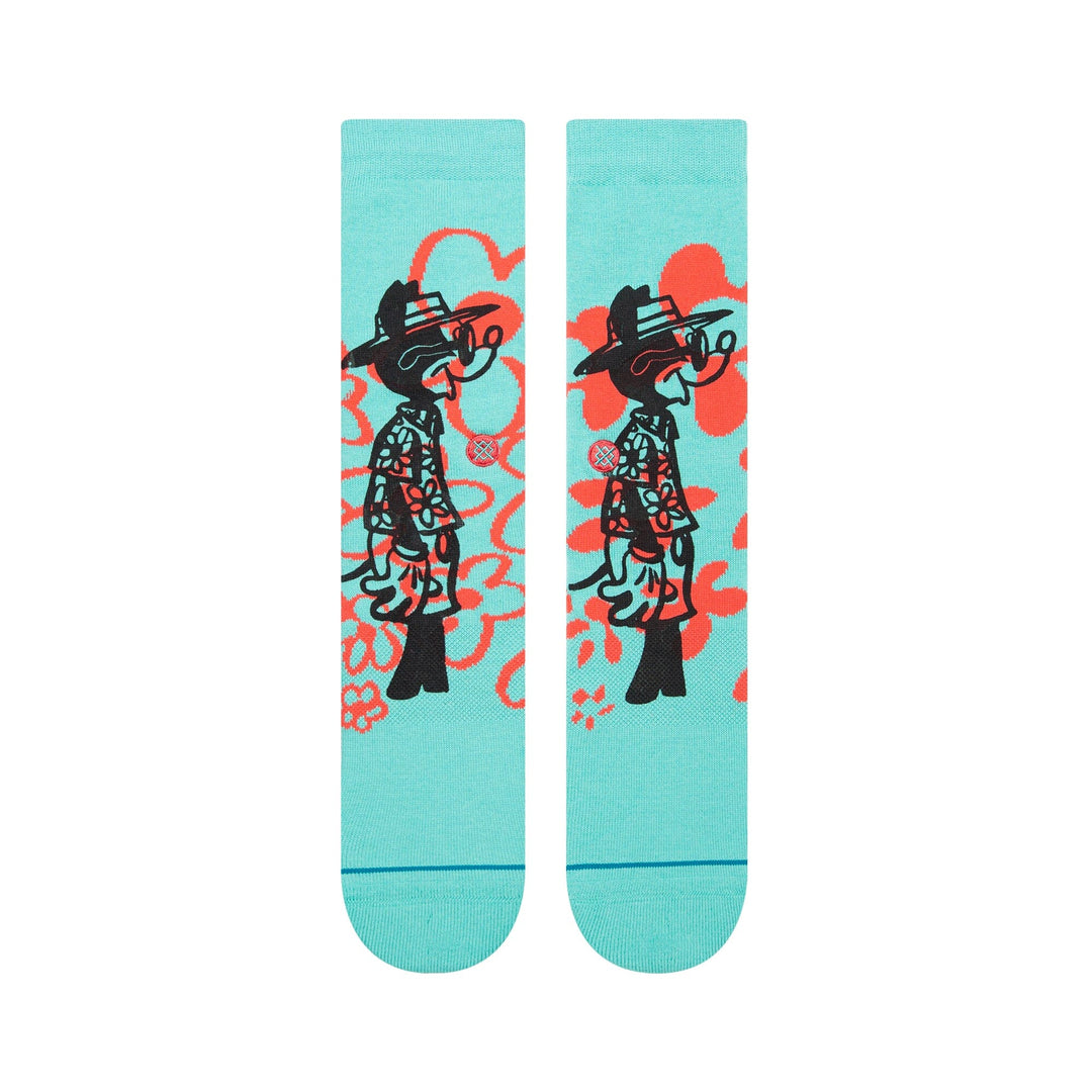 Top-down view showing the full sketched surfer character in a hat surrounded by red flowers