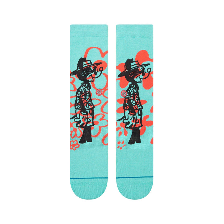 Top-down view showing the full sketched surfer character in a hat surrounded by red flowers