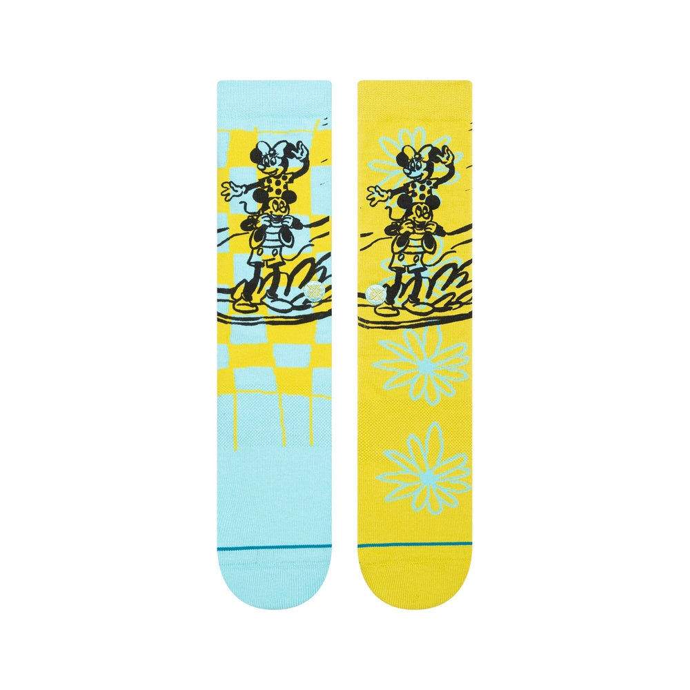 Top-down view showing the hand-drawn surfing mice, checkerboard and daisy outlines on each sock