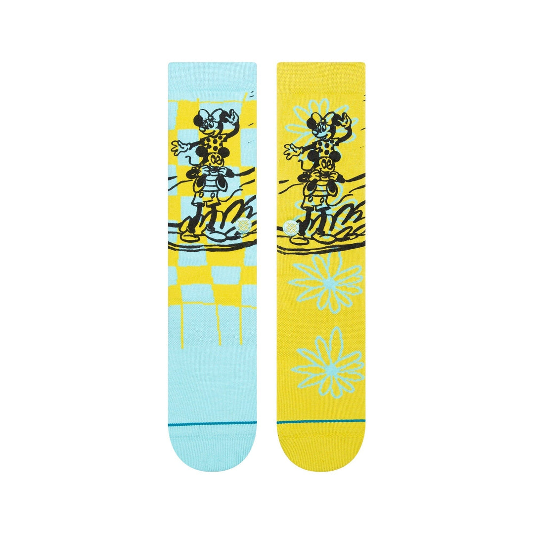 Top-down view showing the hand-drawn surfing mice, checkerboard and daisy outlines on each sock