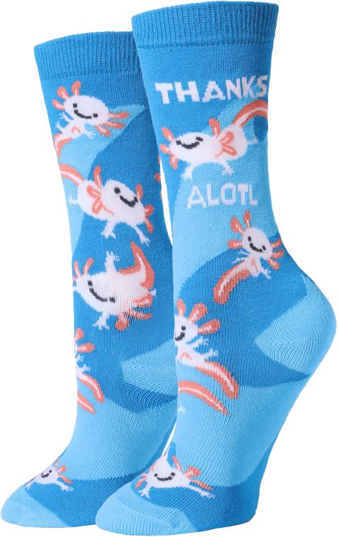 Women's Thanks Alotl crew socks, flat front view with pink axolotls and Thanks Alotl text on blue