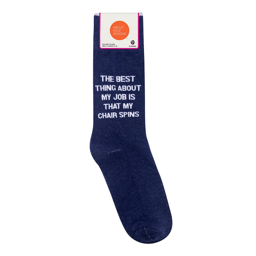 Denim-blue office sock with About Face Designs header card showing the chair-spins saying and Funatic branding
