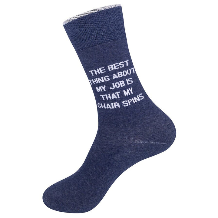 Standing side view of the denim-blue sock showing the complete white lettering