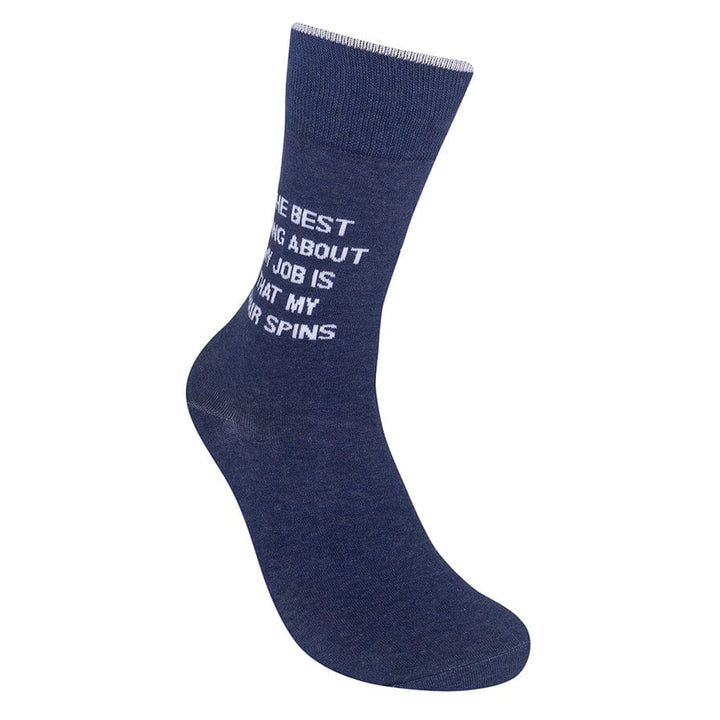 Side view of the blue office sock with the saying partially visible along the leg