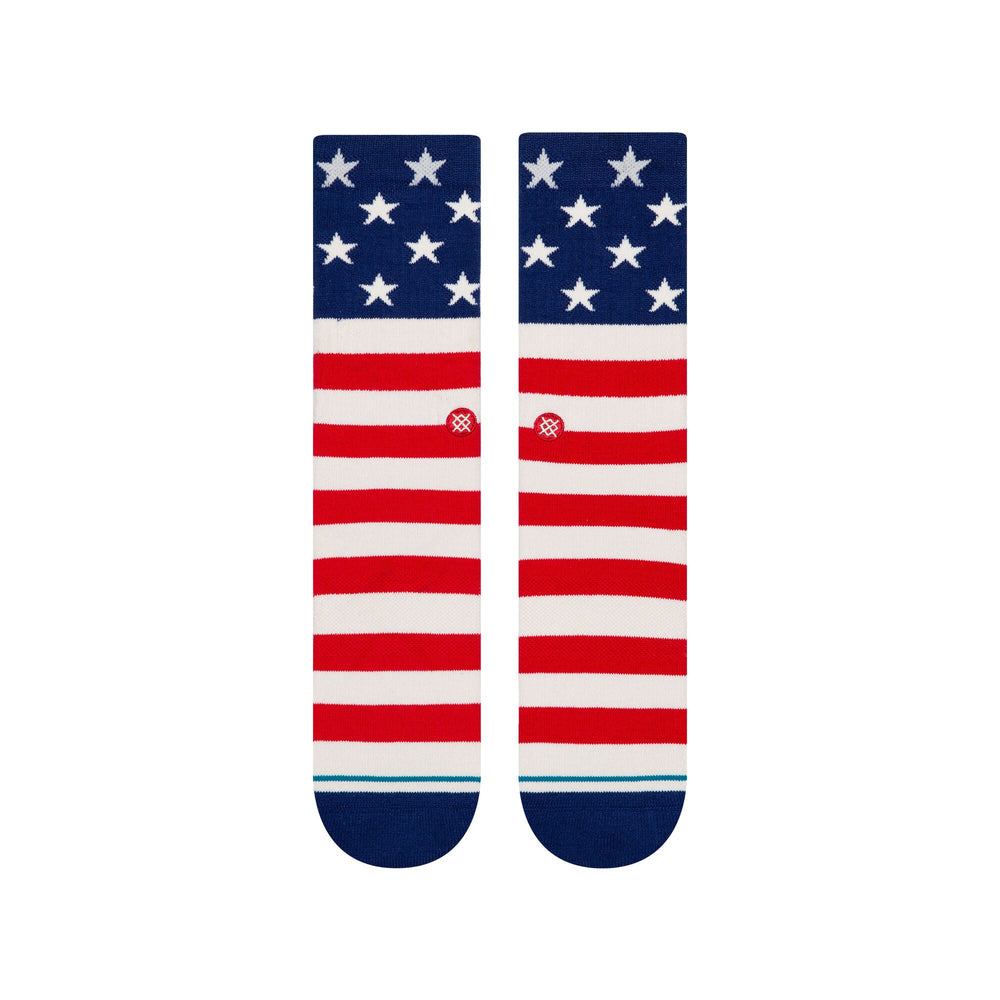 Flat back view of the flag socks laid side by side showing the stripe pattern down to the heel