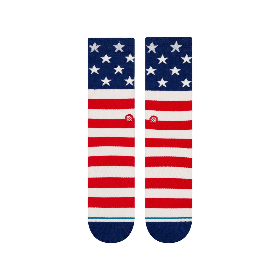 Flat back view of the flag socks laid side by side showing the stripe pattern down to the heel