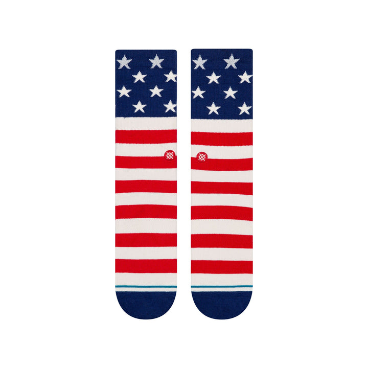 Top-down view of the American flag crew socks showing the stars, stripes and small logo detail