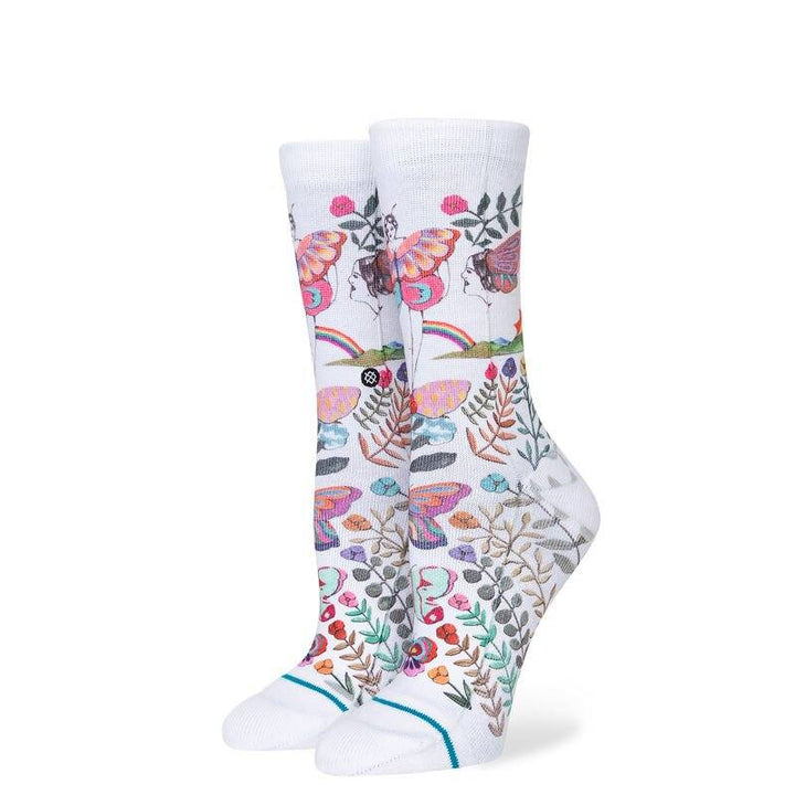 Pair of white crew socks with watercolor butterflies, flowers and rainbows, front display view