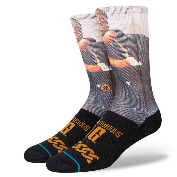 King of NY crew socks shown toe-down, photoreal Notorious B.I.G. image up the leg with gold chain detail