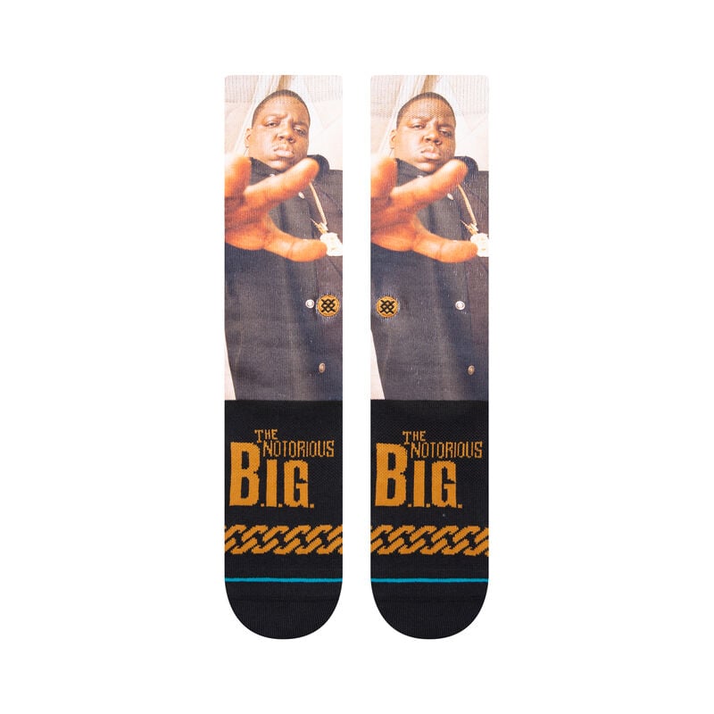 Front view of two Biggie crew socks, his portrait and &