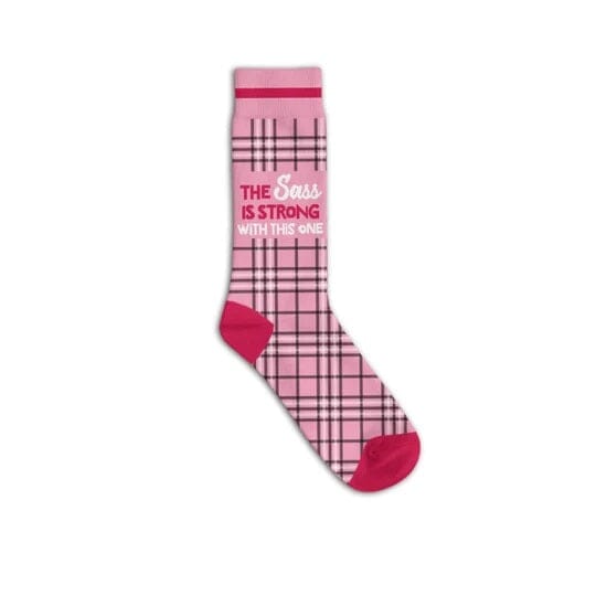 Pink plaid crew sock reading 'The Sass Is Strong With This One' in white and pink with magenta cuff, heel and toe