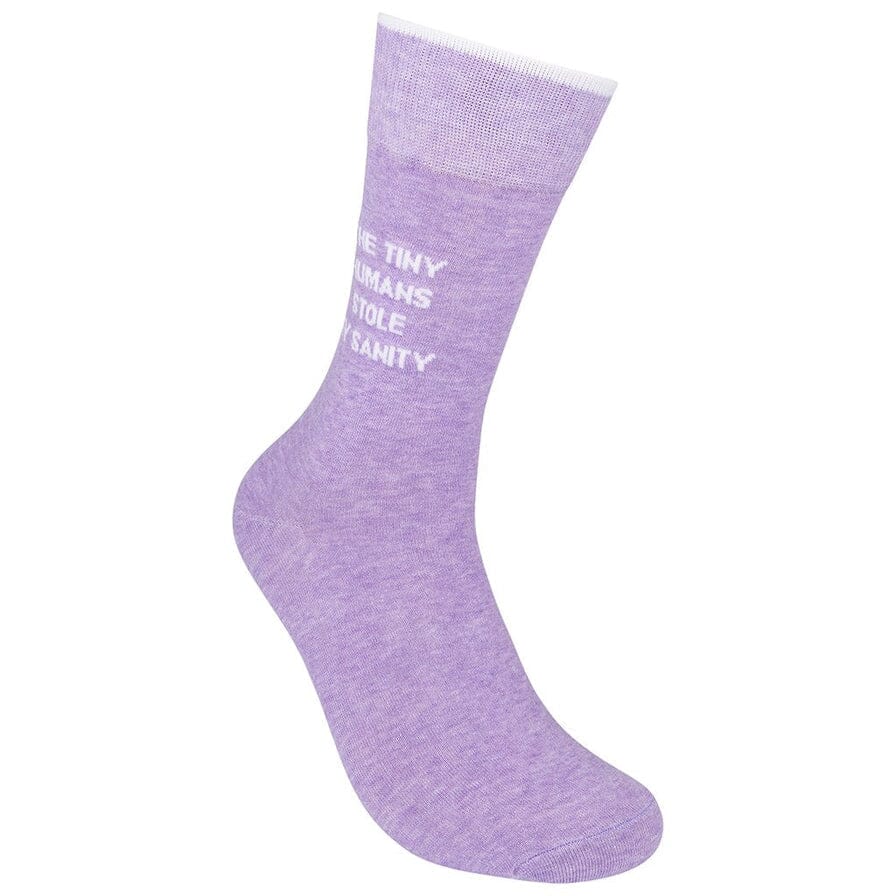 Side view of a heather-purple "The Tiny Humans Stole My Sanity" crew sock on a foot form