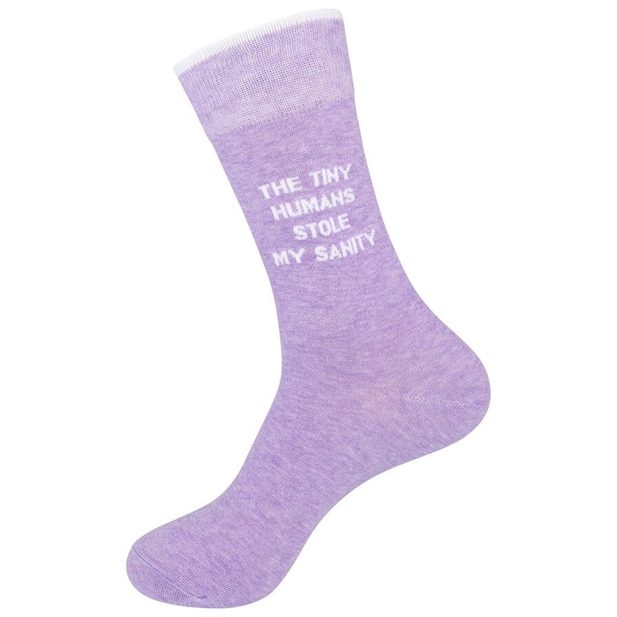Angled view of the heather-purple "The Tiny Humans Stole My Sanity" crew sock showing the lettering
