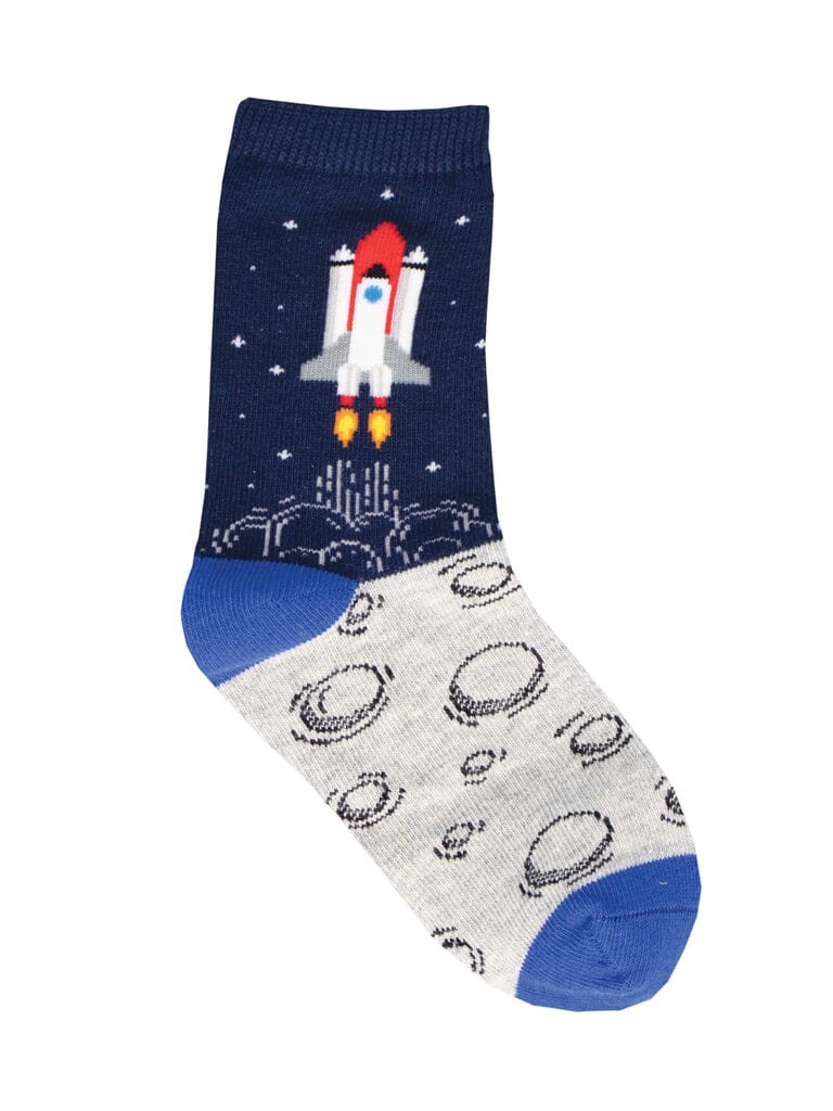 Kids' to the moon and back crew socks, flat lay showing a rocket ship over a starry sky and cratered moon