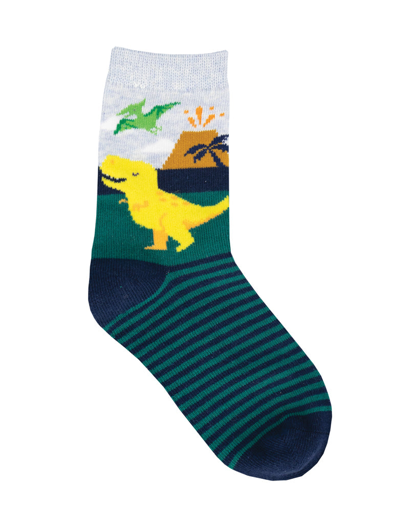 Kids' crew sock with a yellow T-Rex, pteranodon and volcano scene above green and navy stripes