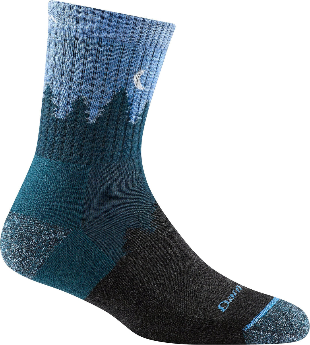 Women's teal and blue micro crew hiking sock with pine forest and moon design, flat side view
