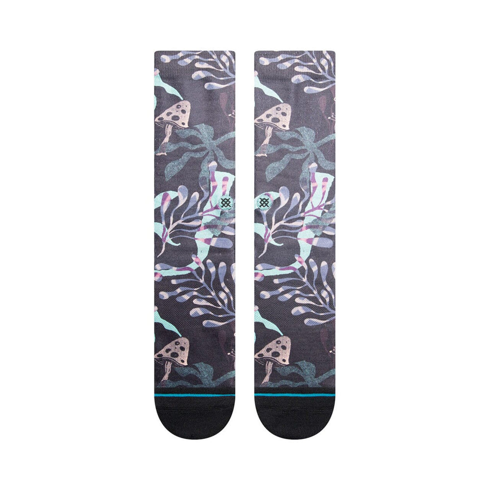 Women's botanical crew socks laid flat front view with toadstools and trailing leaves