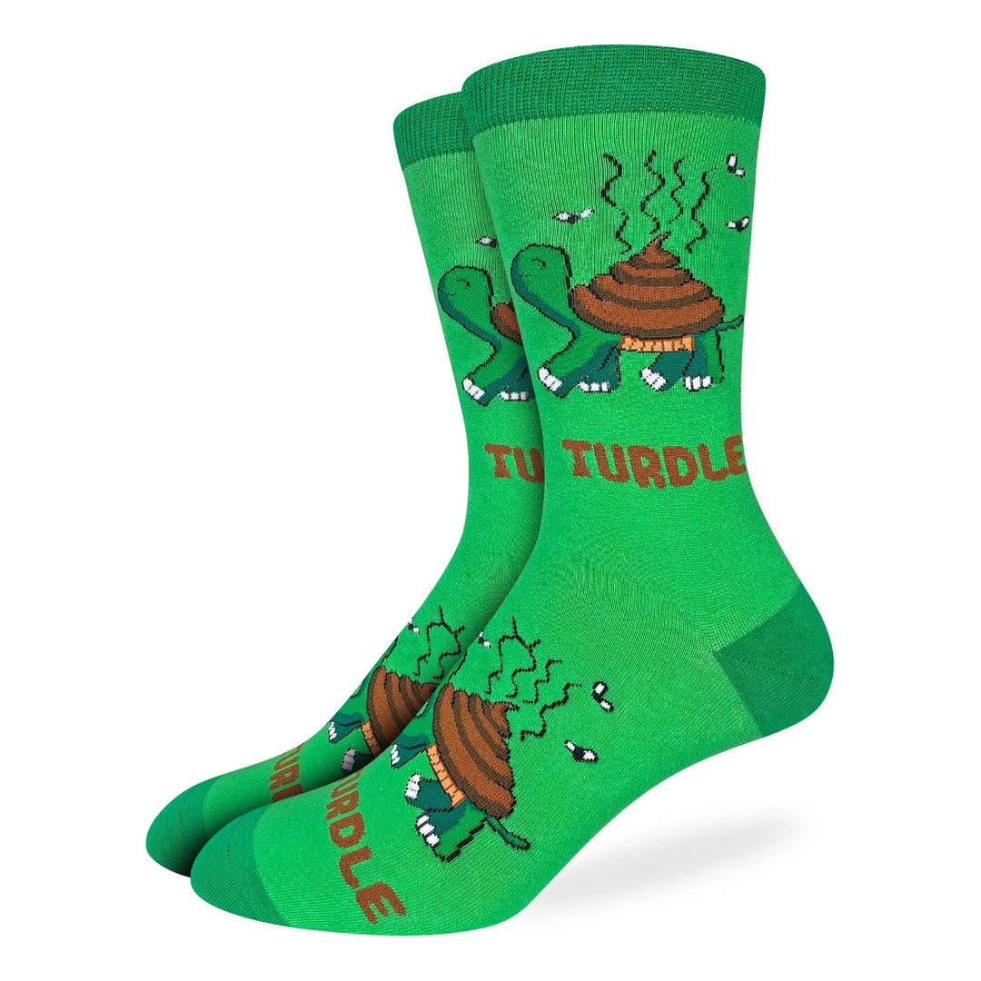 Men's Turdle crew socks laid flat showing the poop-shell turtle and 'TURDLE' text on green