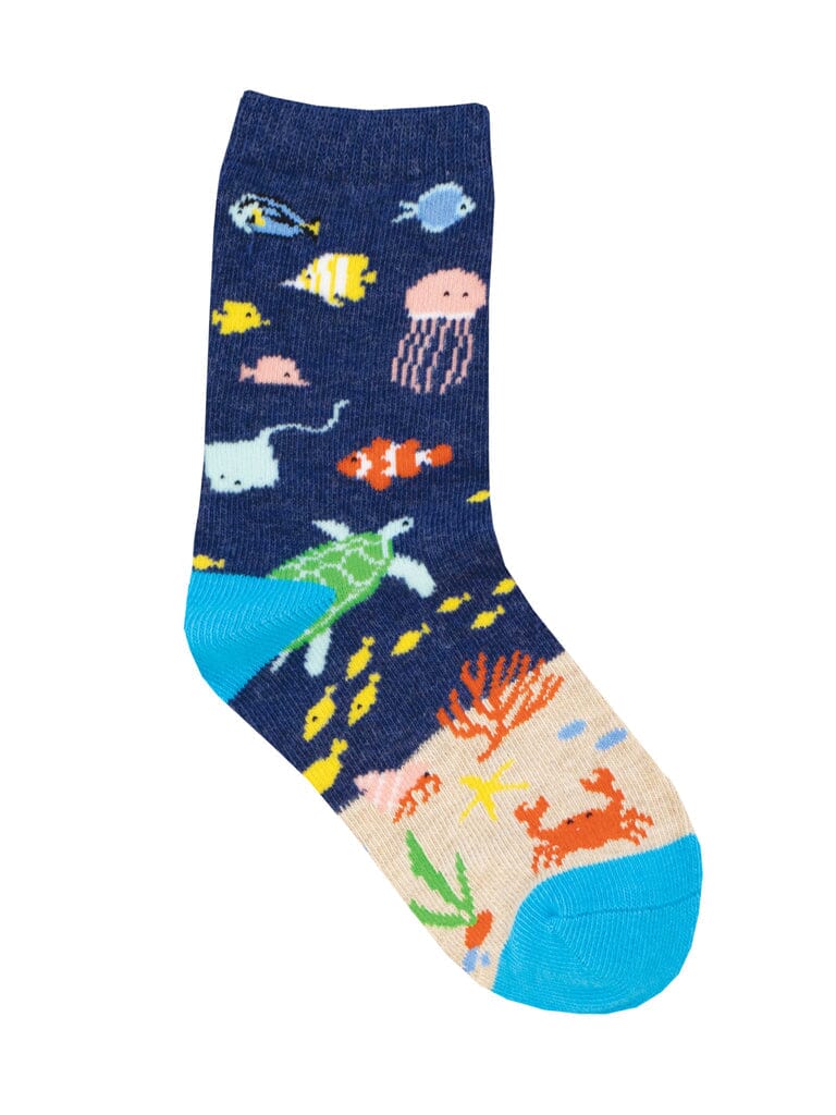Kids' under the sea crew socks, flat lay showing tropical fish, a turtle and coral reef on heathered blue
