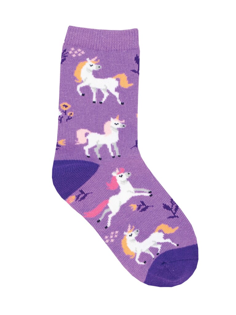Kids' unicorn flowers crew socks, flat lay showing white unicorns with pastel manes on purple with flowers