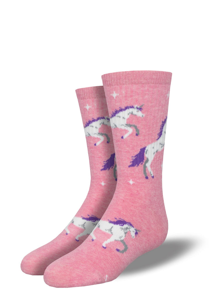 Pair of kids' heathered pink athletic crew socks with white unicorns with purple manes and tiny sparkly stars