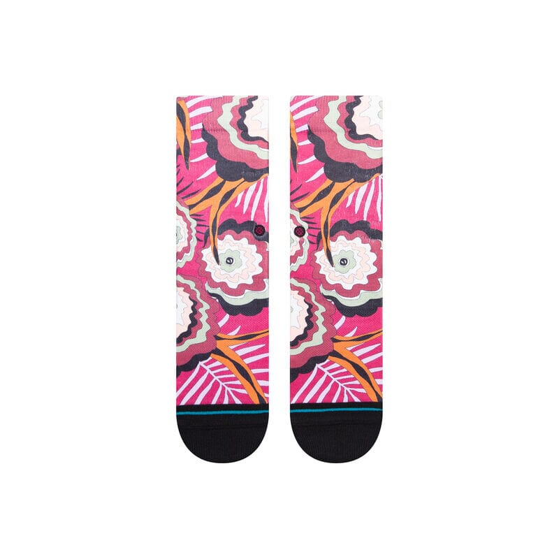 Top-down view of the floral socks showing the blooming garden pattern in vivid detail