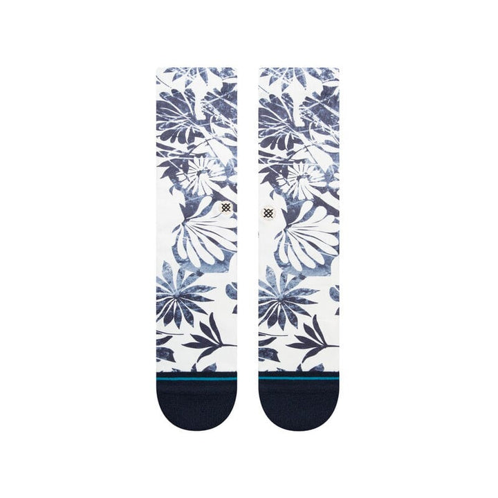 Back view of the Waikaloa crew socks showing the blue floral leaf pattern over a white background